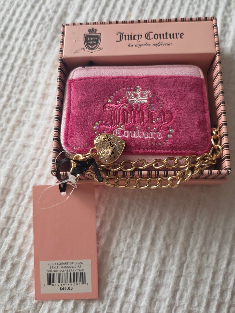 Juicy Couture Raspberry Tart Pink Velour Wristlet Wallet Chain NWT Y2K Limited